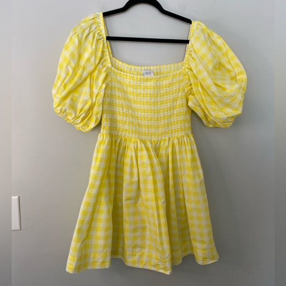 S/W/F Gingham Puff-Sleeve Mini Dress Golden Path Yellow - Picture 3 of 8